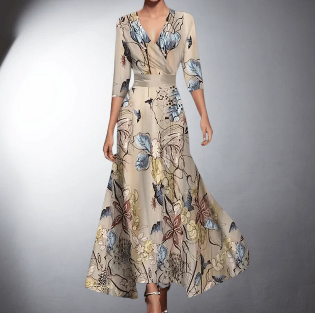 Women's Floral Wrap Maxi Formal Dresses V-Neck 3/4 Sleeve - Floral