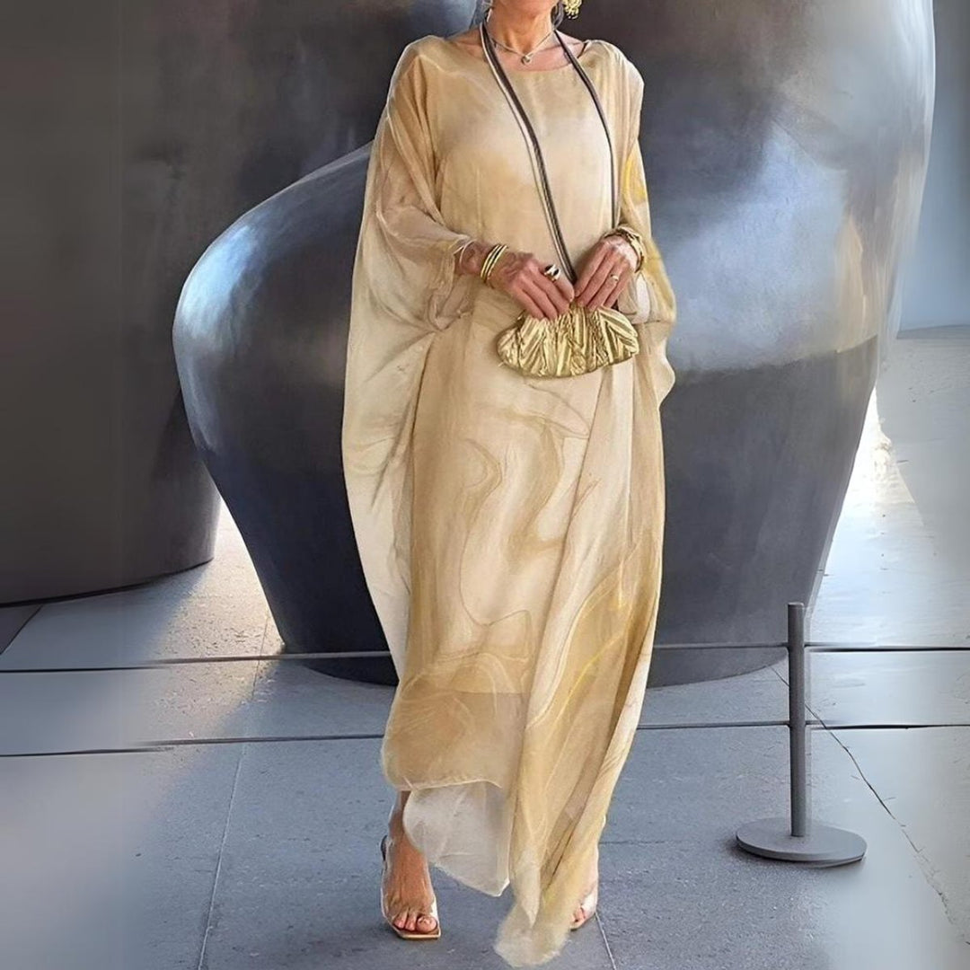 Women's Flowy Batwing Long Sleeve Dress Maxi Silhouette - Yellow
