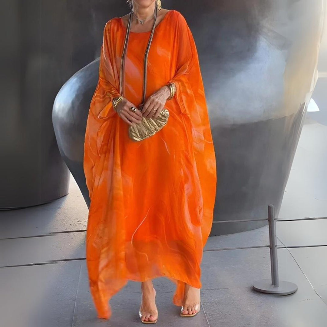 Women's Flowy Batwing Long Sleeve Dress Maxi Silhouette - Orange