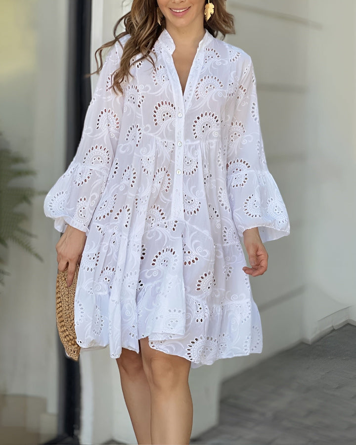 Women's Flowy Eyelet Embroidered Button-Down Mini Dress - White