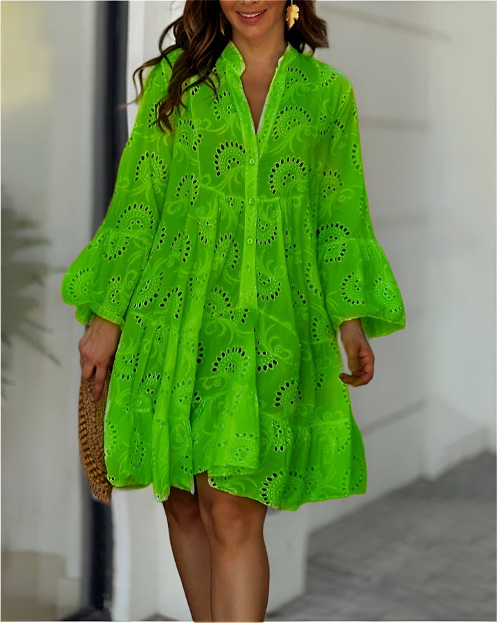 Women's Flowy Eyelet Embroidered Button-Down Mini Dress - Green