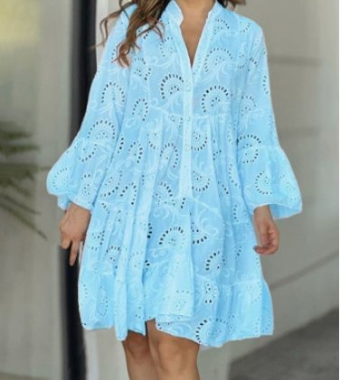 Women's Flowy Eyelet Embroidered Button-Down Mini Dress - Blue