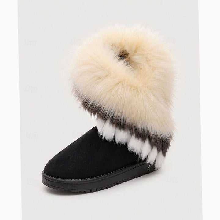 Women's Fluffy Faux-Fur Trim Slip-On Winter Snow Boots - Black / White