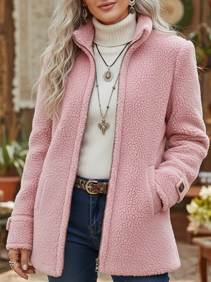 Women's Fluffy Fleece Full-Zip Stand-Collar Coat - Pink