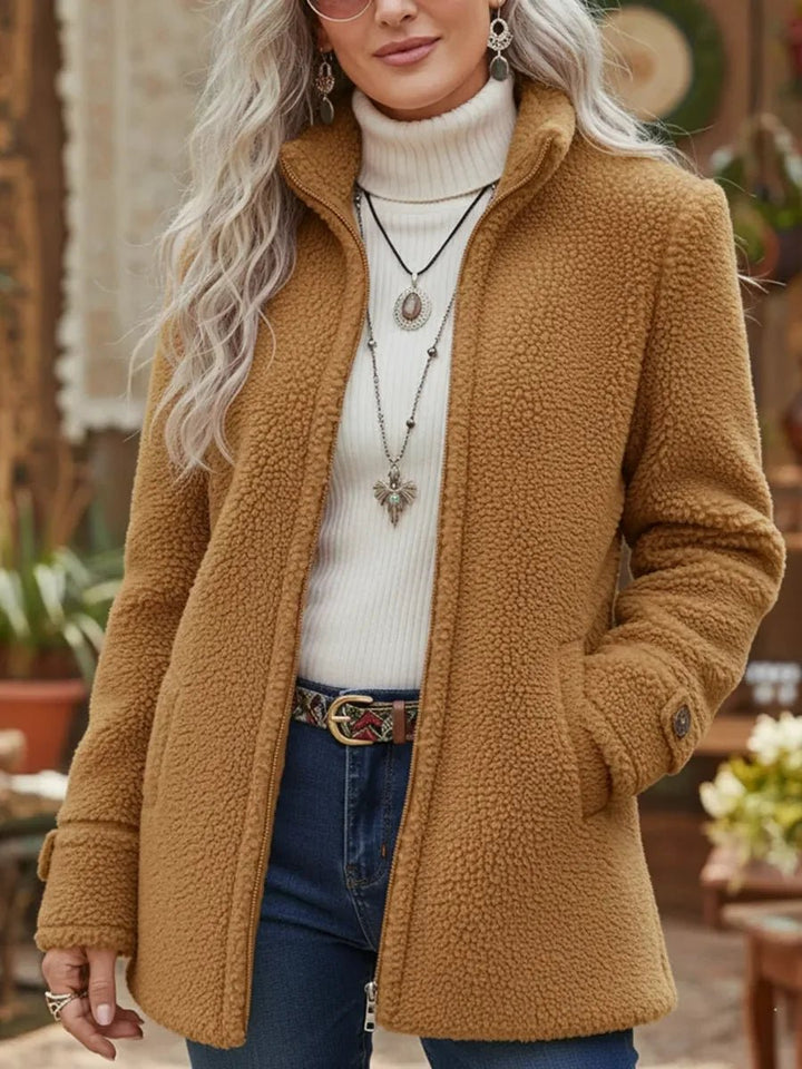 Women's Fluffy Fleece Full-Zip Stand-Collar Coat - Camel
