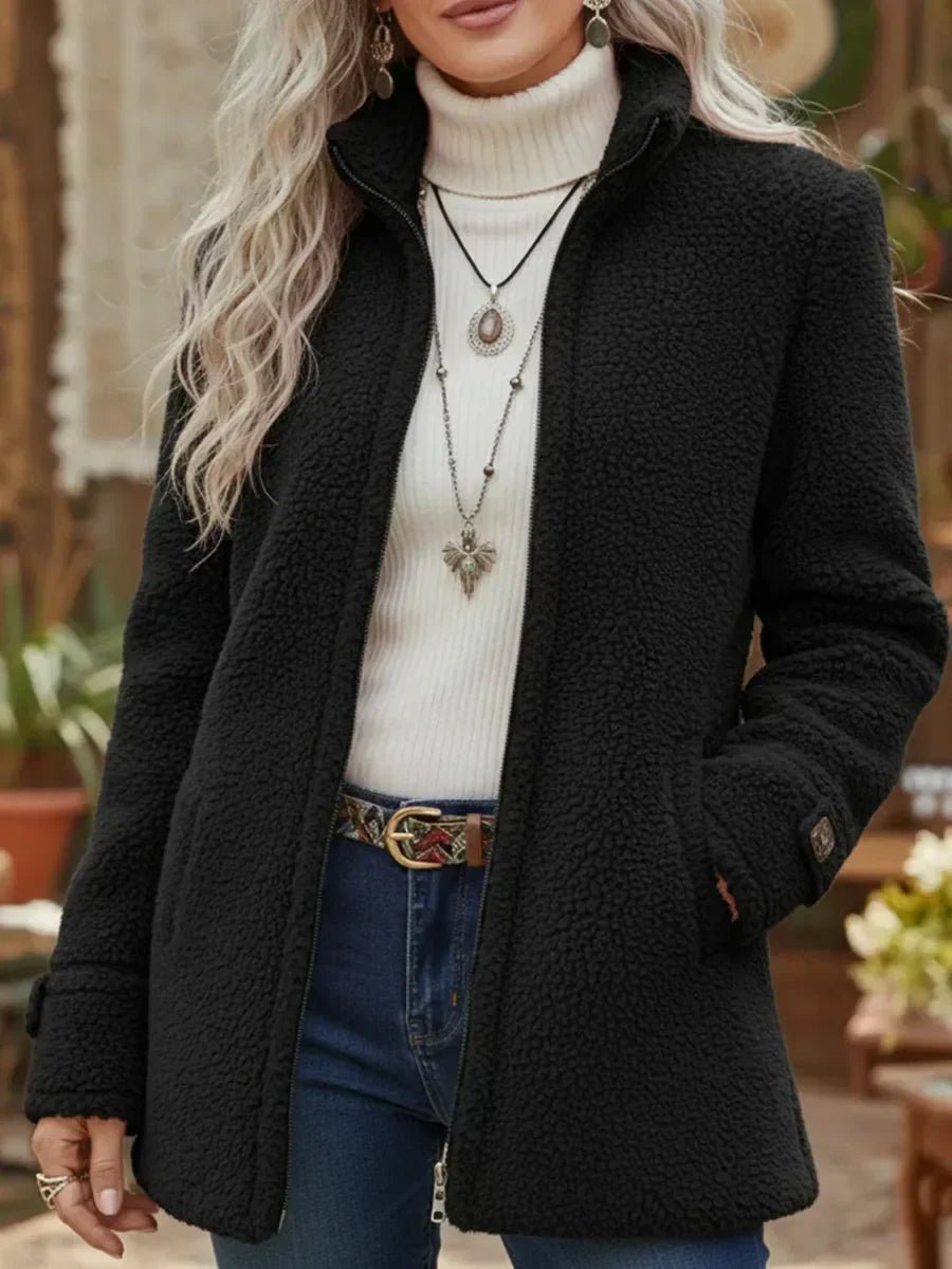 Women's Fluffy Fleece Full-Zip Stand-Collar Coat - Black