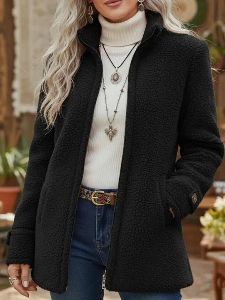 Women's Fluffy Fleece Full-Zip Stand-Collar Coat - Black