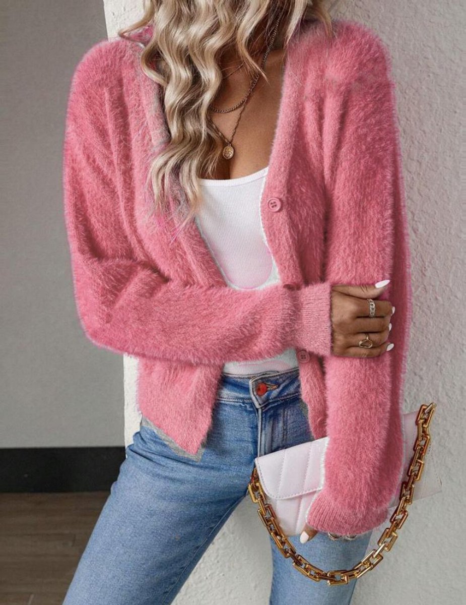 Women's Fluffy V-Neck Button-Front Cardigan Sweater - Pink