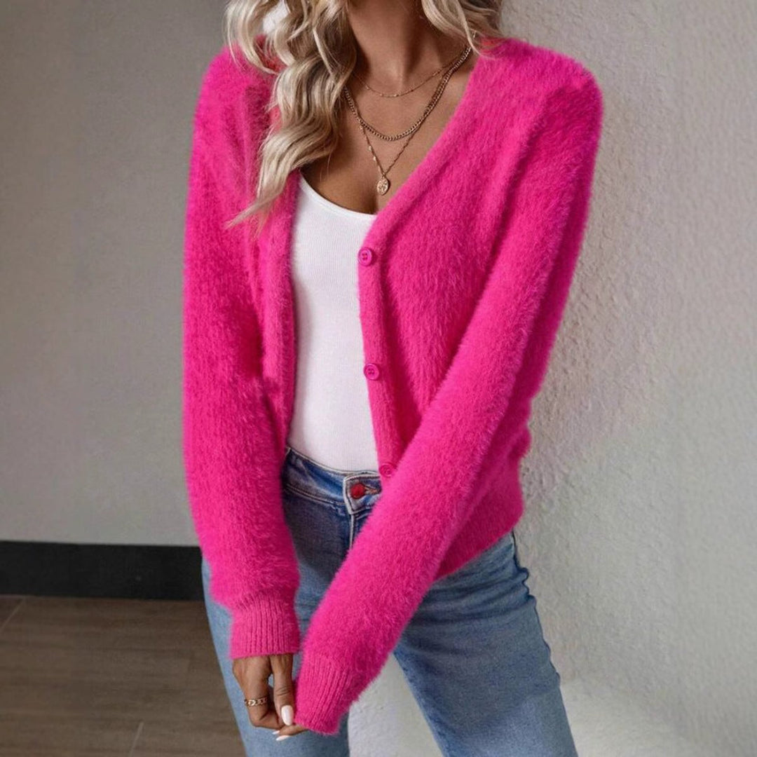 Women's Fluffy V-Neck Button-Front Cardigan Sweater