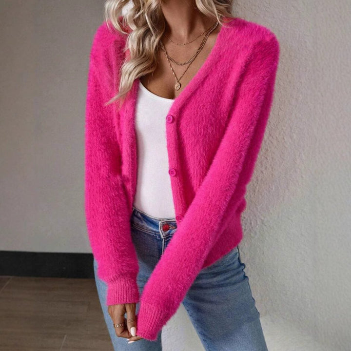 Women's Fluffy V-Neck Button-Front Cardigan Sweater