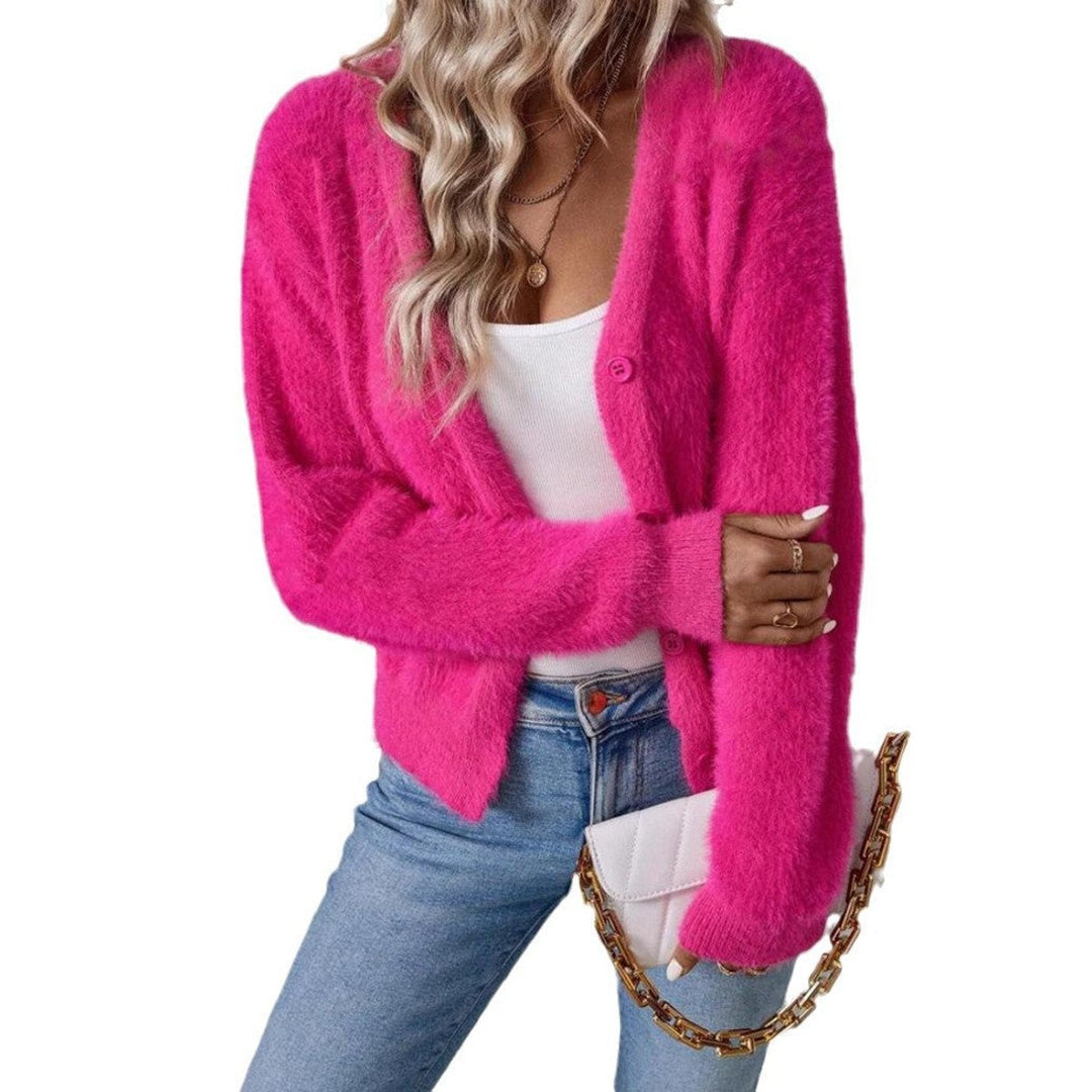 Women's Fluffy V-Neck Button-Front Cardigan Sweater