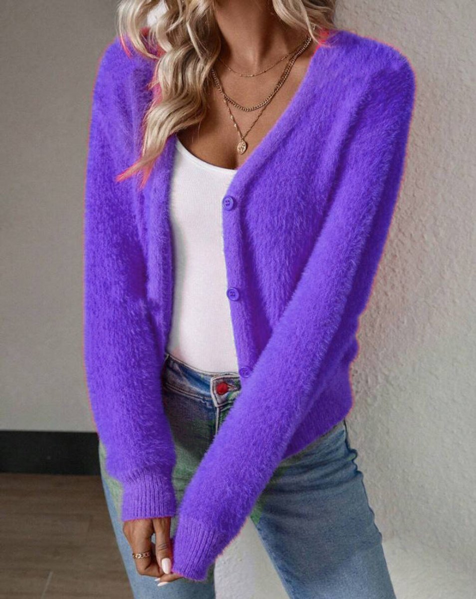 Women's Fluffy V-Neck Button-Front Cardigan Sweater - Lilac