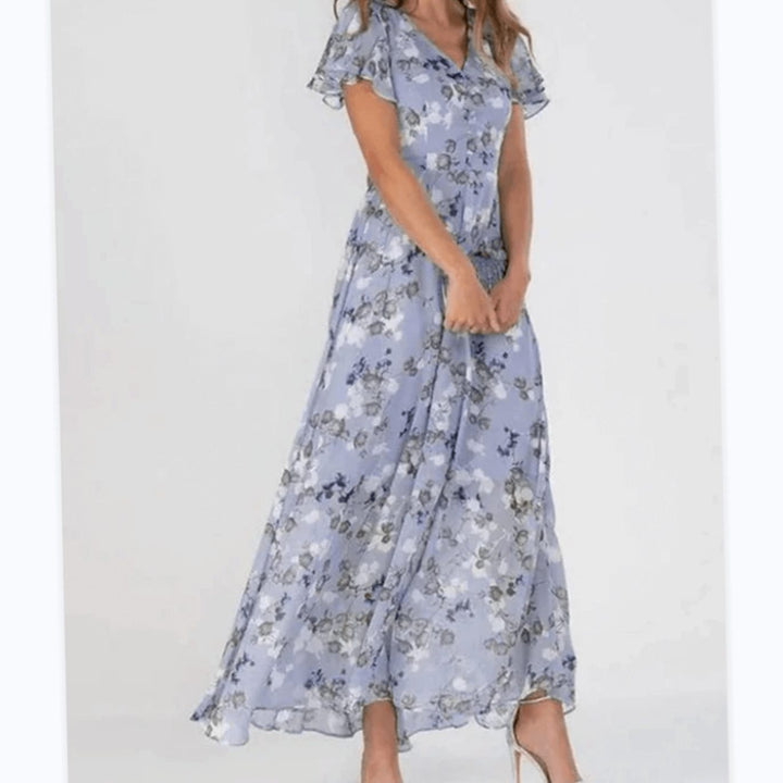 Women's Flutter-Sleeve V-Neck Floral Maxi Dress