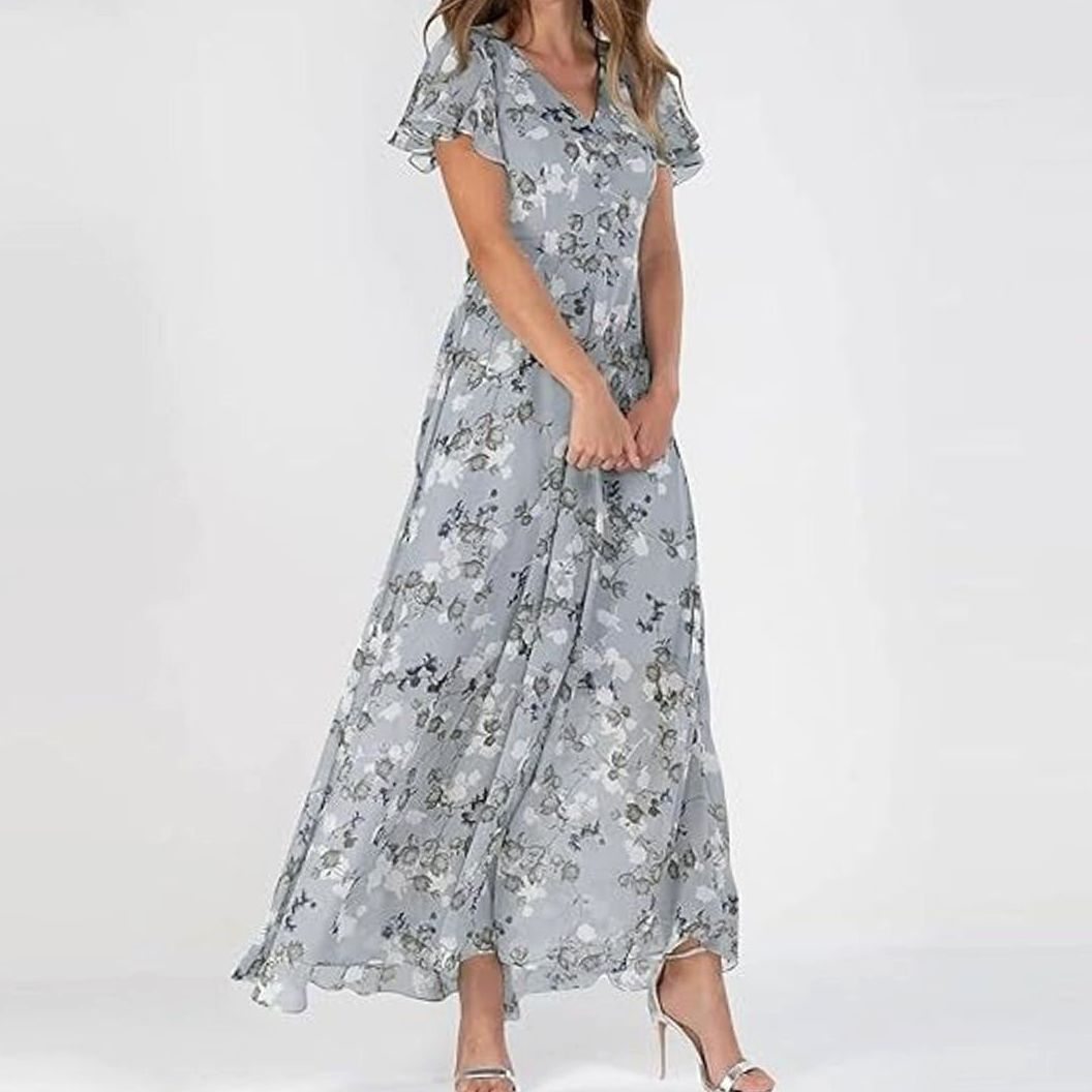 Women's Flutter-Sleeve V-Neck Floral Maxi Dress