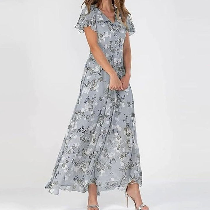 Women's Flutter-Sleeve V-Neck Floral Maxi Dress