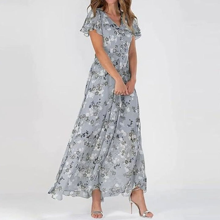 Women's Flutter-Sleeve V-Neck Floral Maxi Dress - Blue