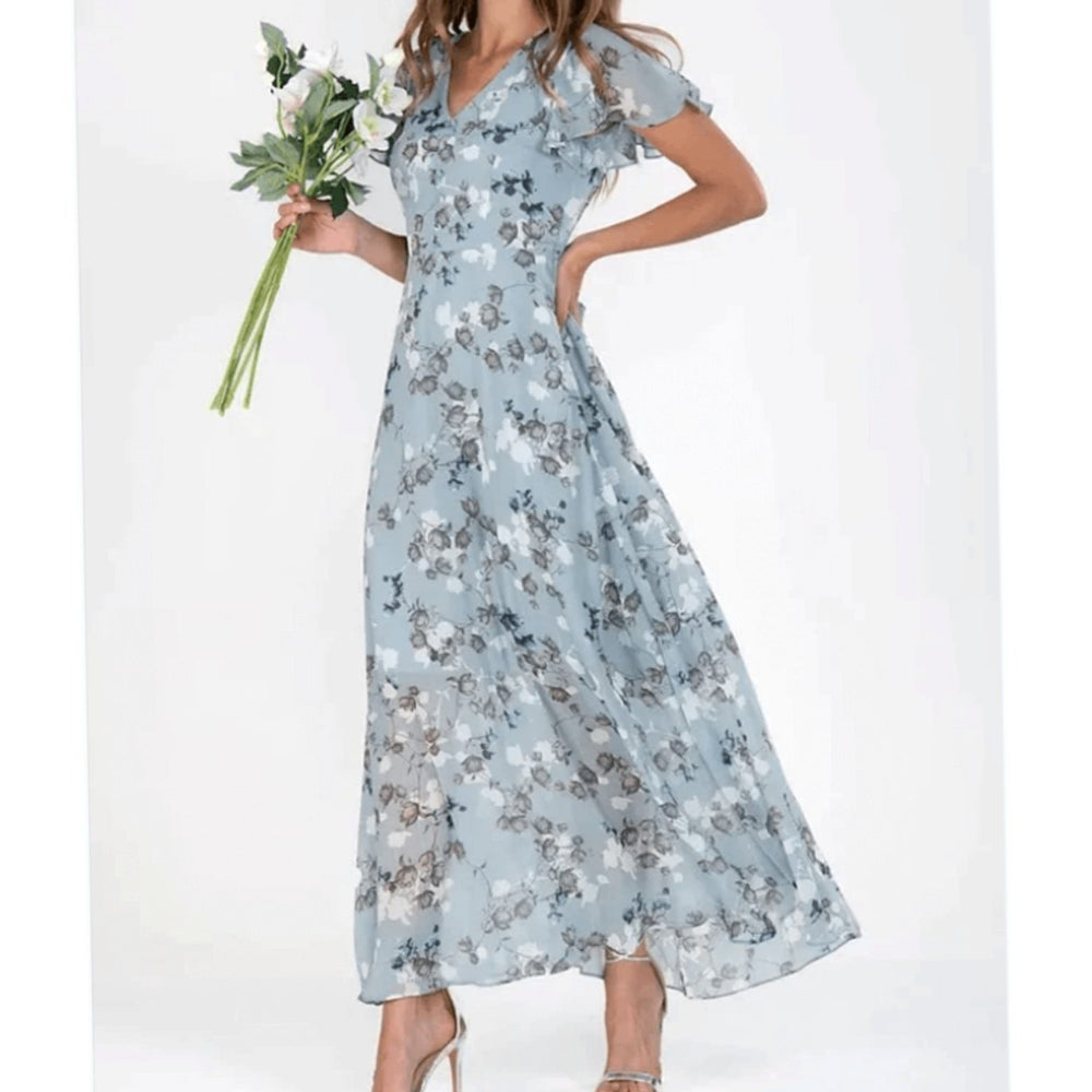 Women's Flutter-Sleeve V-Neck Floral Maxi Dress