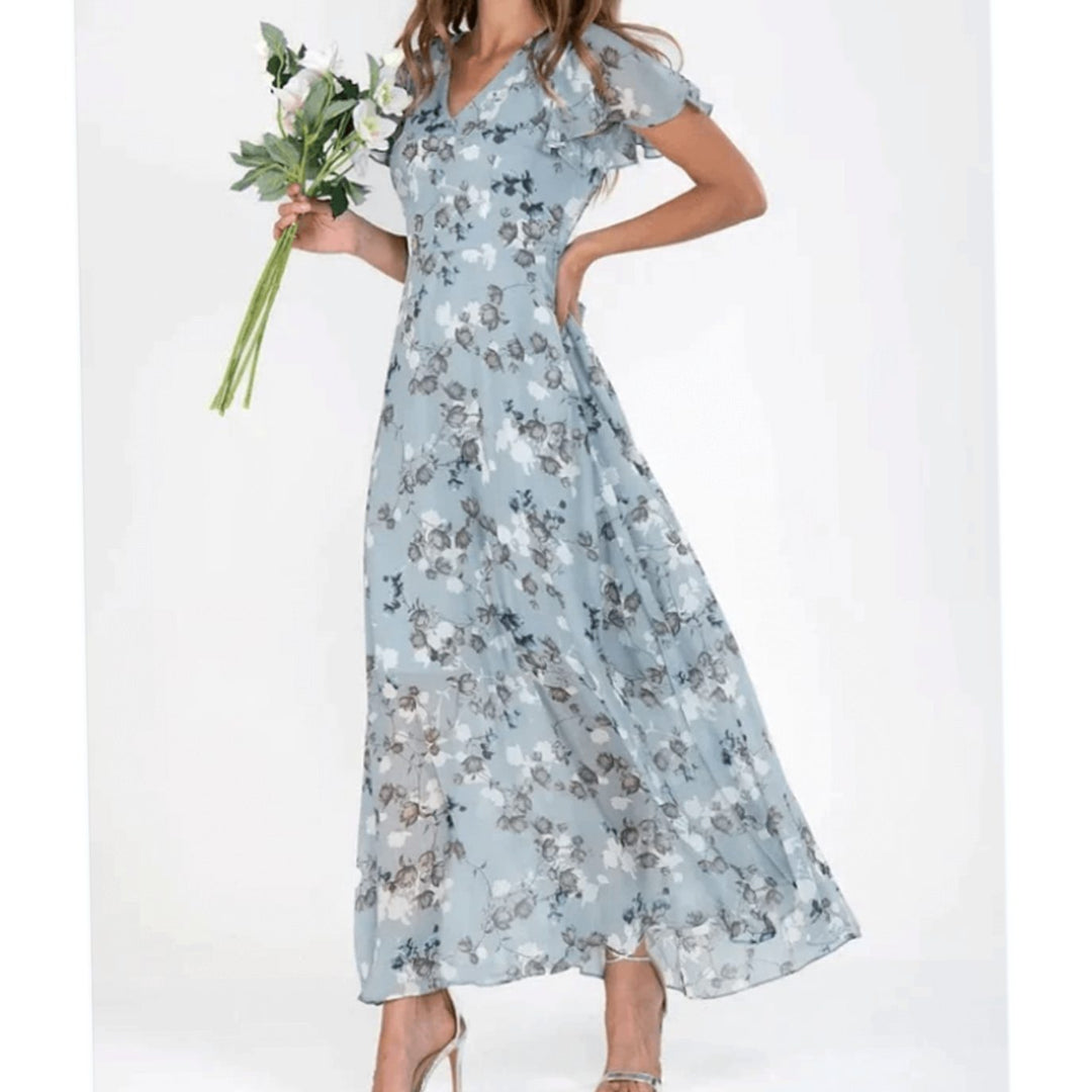 Women's Flutter-Sleeve V-Neck Floral Maxi Dress