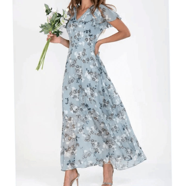 Women's Flutter-Sleeve V-Neck Floral Maxi Dress