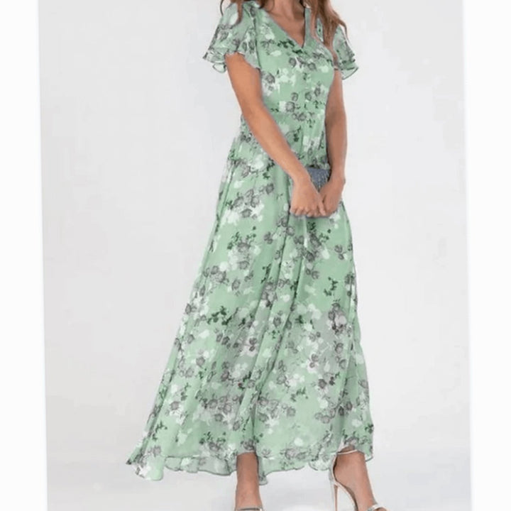 Women's Flutter-Sleeve V-Neck Floral Maxi Dress - Green