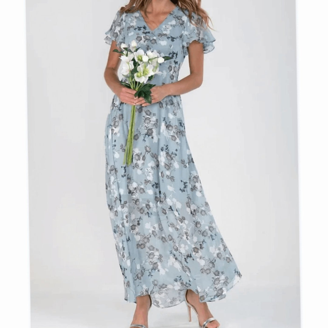 Women's Flutter-Sleeve V-Neck Floral Maxi Dress