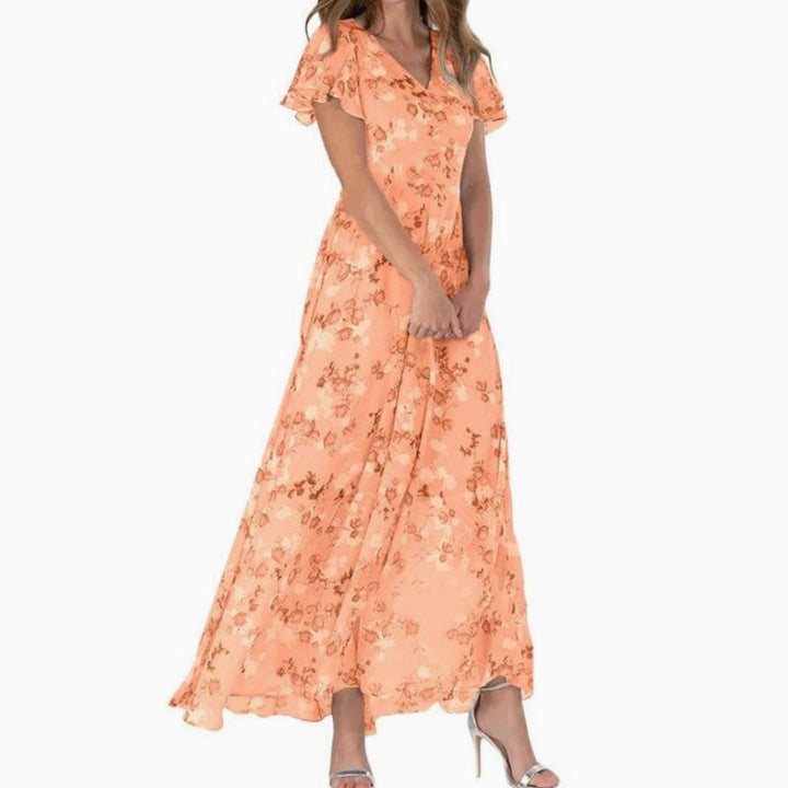 Women's Flutter-Sleeve V-Neck Floral Maxi Dress - Orange