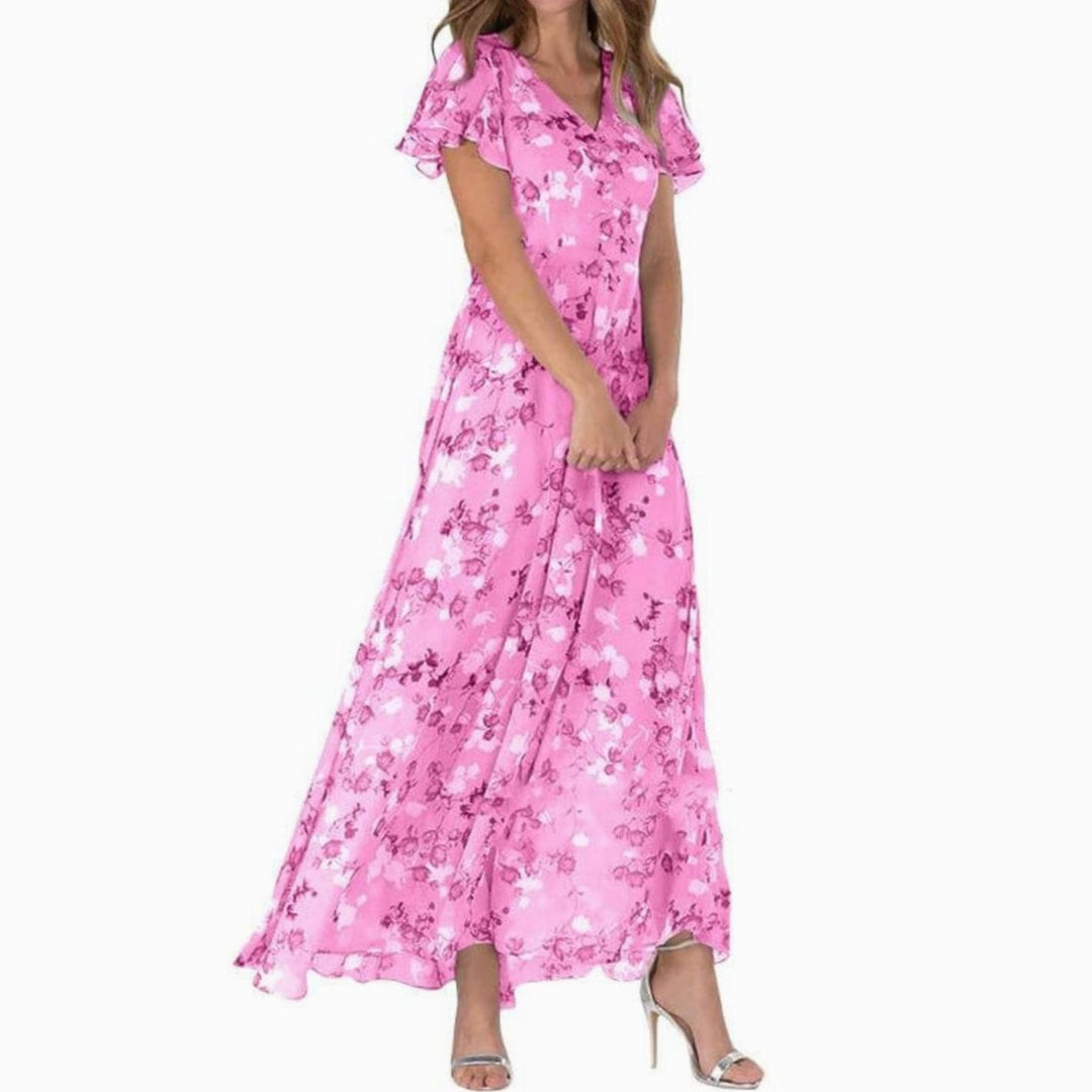 Women's Flutter-Sleeve V-Neck Floral Maxi Dress - Pink