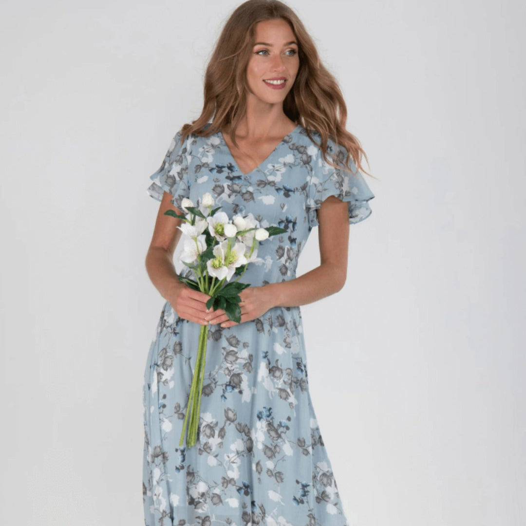 Women's Flutter-Sleeve V-Neck Floral Maxi Dress