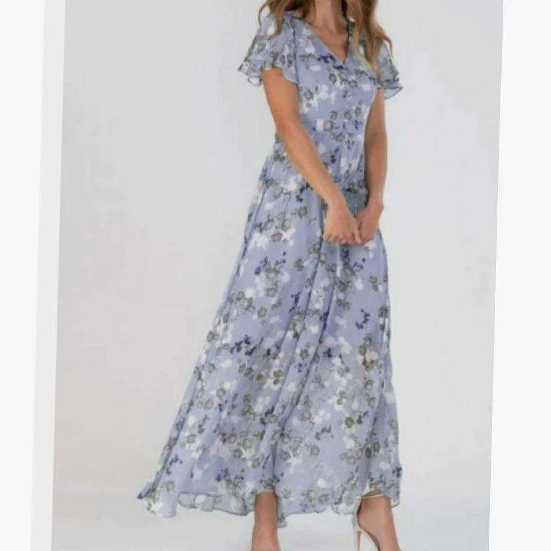 Women's Flutter-Sleeve V-Neck Floral Maxi Dress - Purple