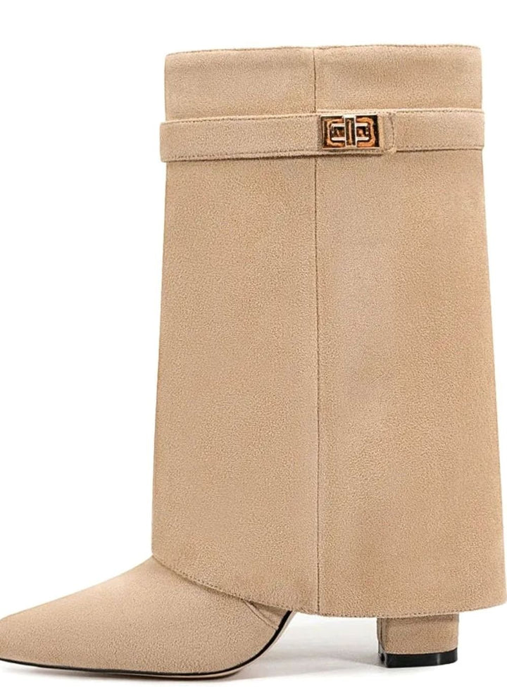 Women's Fold-Over Knee-High Suede Boots Gold Buckle - Apricot Short