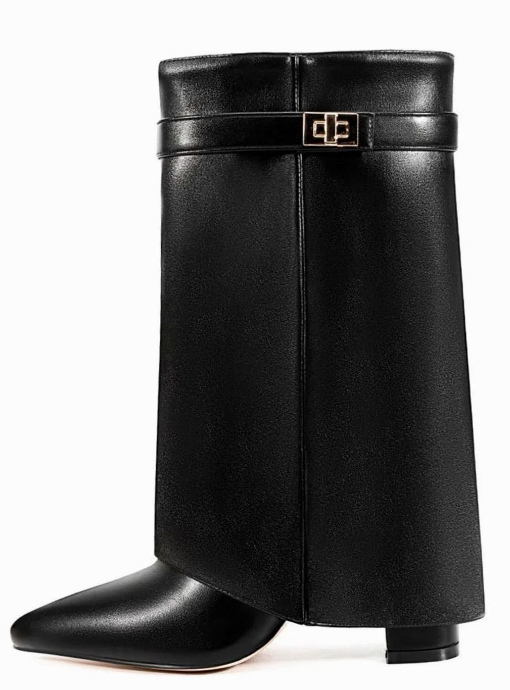 Women's Fold-Over Knee-High Suede Boots Gold Buckle - Black PU Short