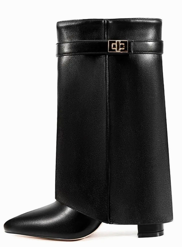 Women's Fold-Over Knee-High Suede Boots Gold Buckle - Black PU Short