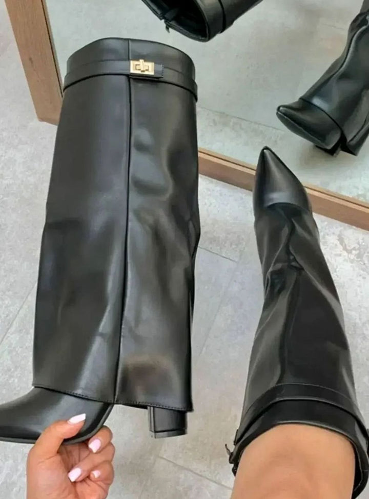 Women's Fold-Over Knee-High Suede Boots Gold Buckle
