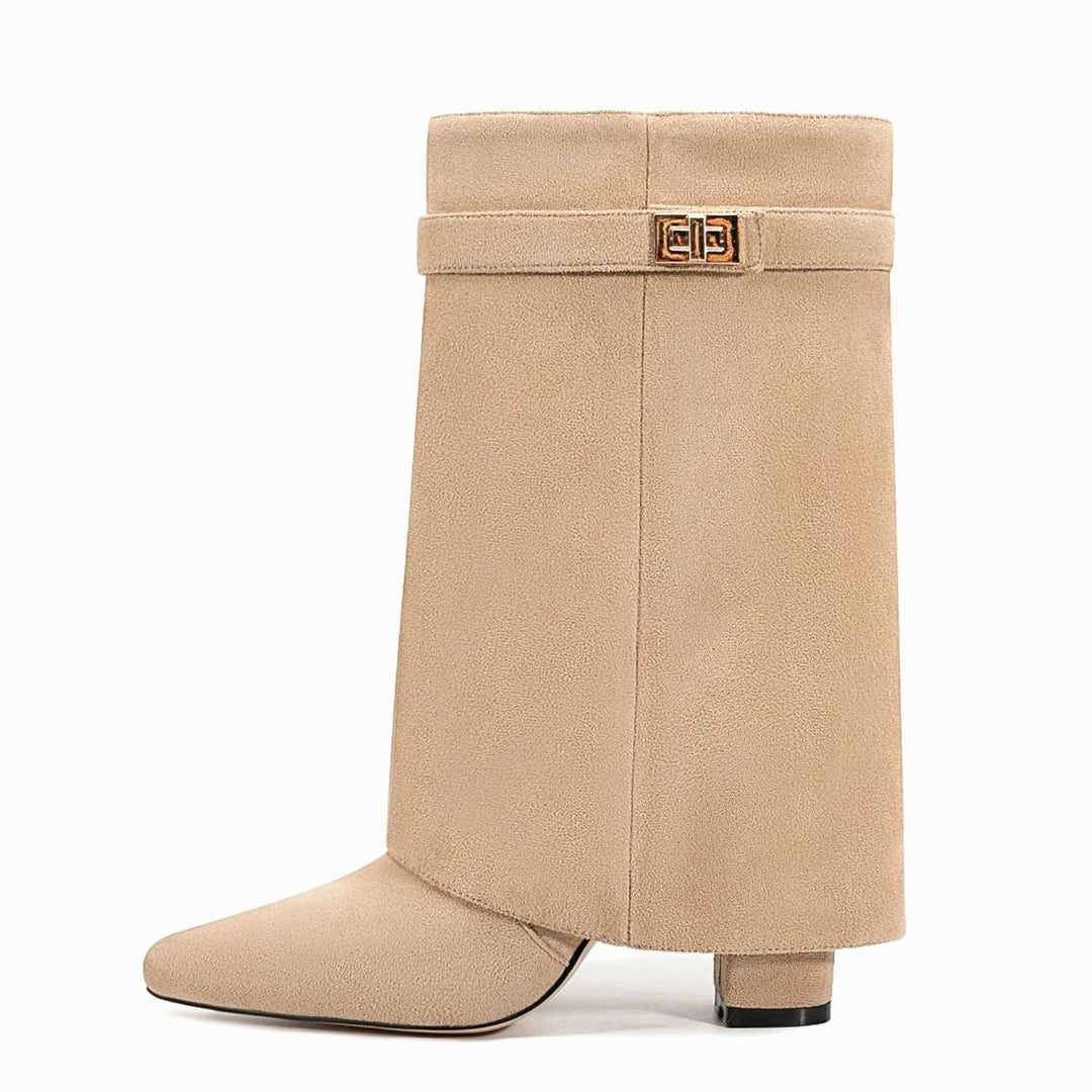 Women's Fold-Over Knee-High Suede Boots Gold Buckle