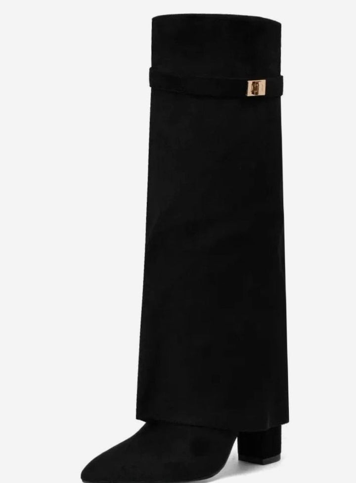 Women's Fold-Over Knee-High Suede Boots Gold Buckle - Black Suede