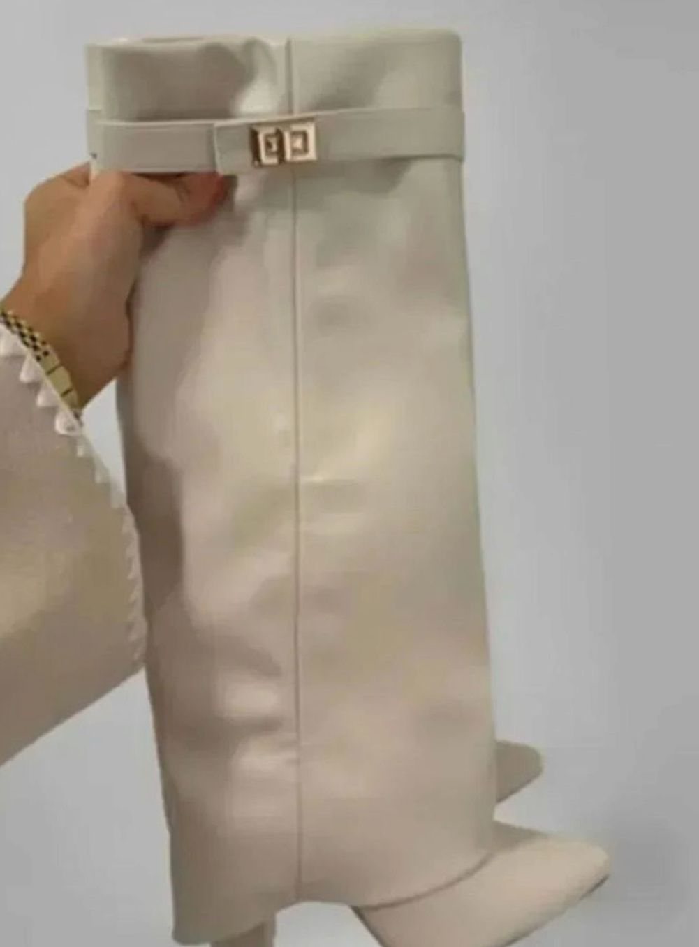 Women's Fold-Over Knee-High Suede Boots Gold Buckle - White