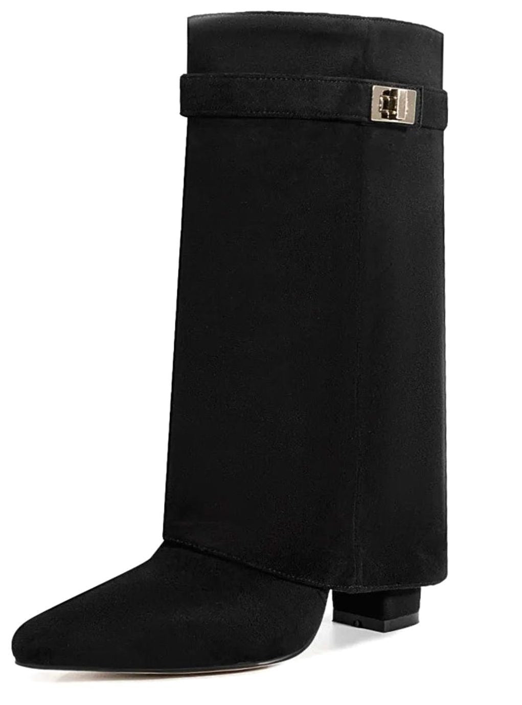 Women's Fold-Over Knee-High Suede Boots Gold Buckle - Black Suede Short
