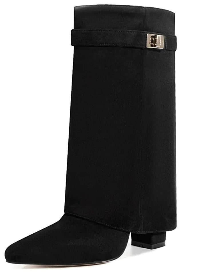 Women's Fold-Over Knee-High Suede Boots Gold Buckle - Black Suede Short