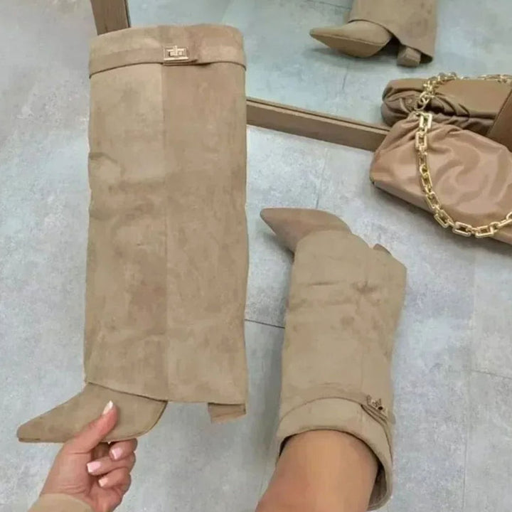 Women's Fold-Over Knee-High Suede Boots Gold Buckle - Apricot Suede