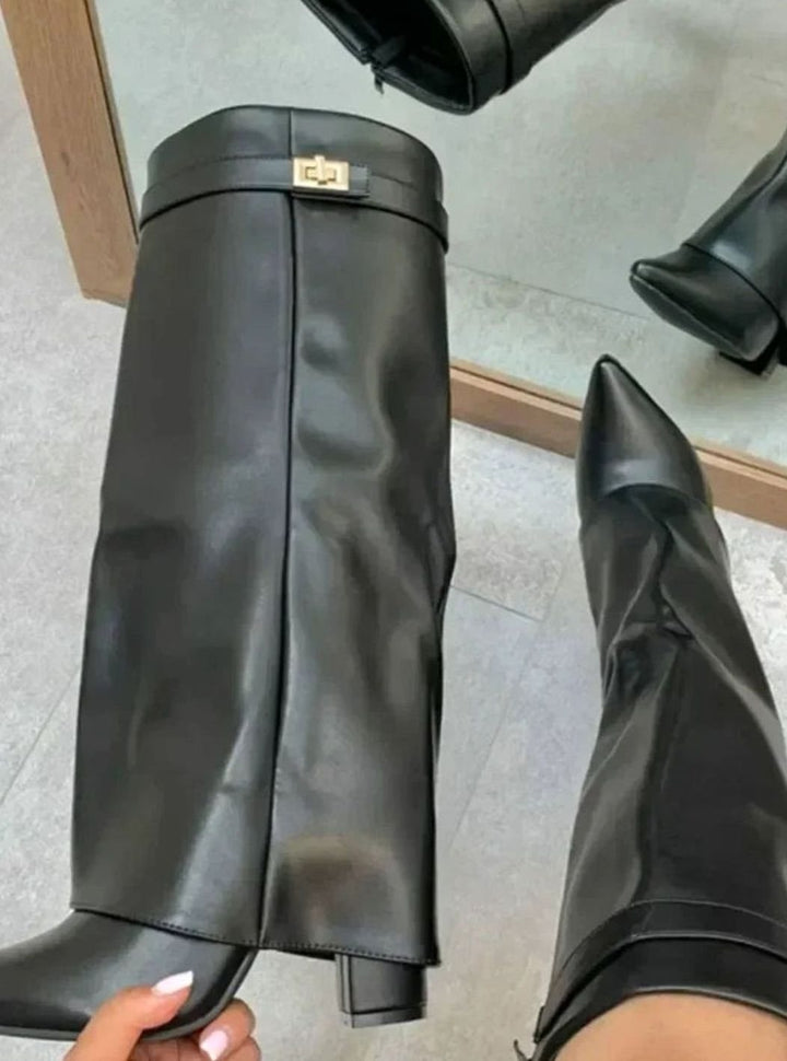 Women's Fold-Over Knee-High Suede Boots Gold Buckle - Black