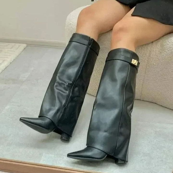 Women's Fold-Over Knee-High Suede Boots Gold Buckle