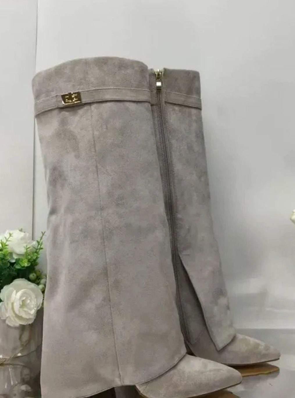 Women's Fold-Over Knee-High Suede Boots Gold Buckle - Gray