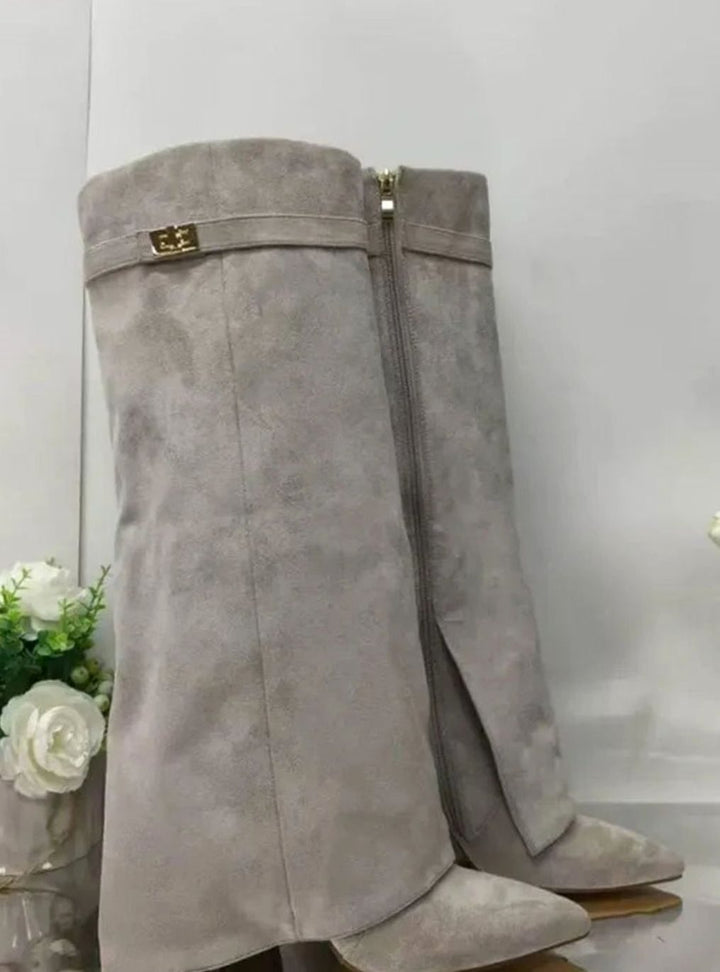 Women's Fold-Over Knee-High Suede Boots Gold Buckle - Gray