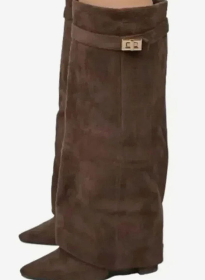 Women's Fold-Over Knee-High Suede Boots Gold Buckle - Brown Suede