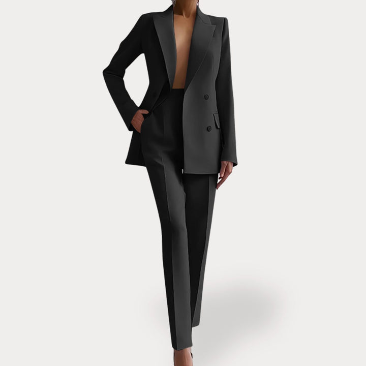 Women's Formal Tailored Suit Set Double-Breasted Long Blazer Pants - Black