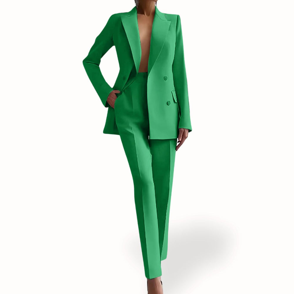 Women's Formal Tailored Suit Set Double-Breasted Long Blazer Pants - Green