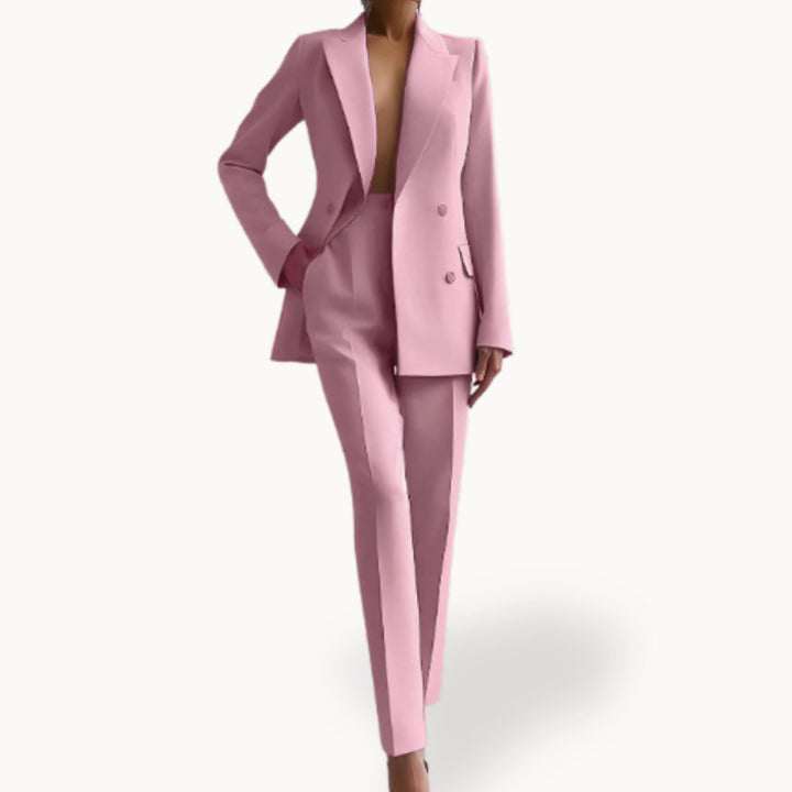 Women's Formal Tailored Suit Set Double-Breasted Long Blazer Pants - Pink