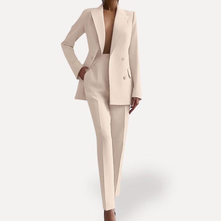 Women's Formal Tailored Suit Set Double-Breasted Long Blazer Pants - White