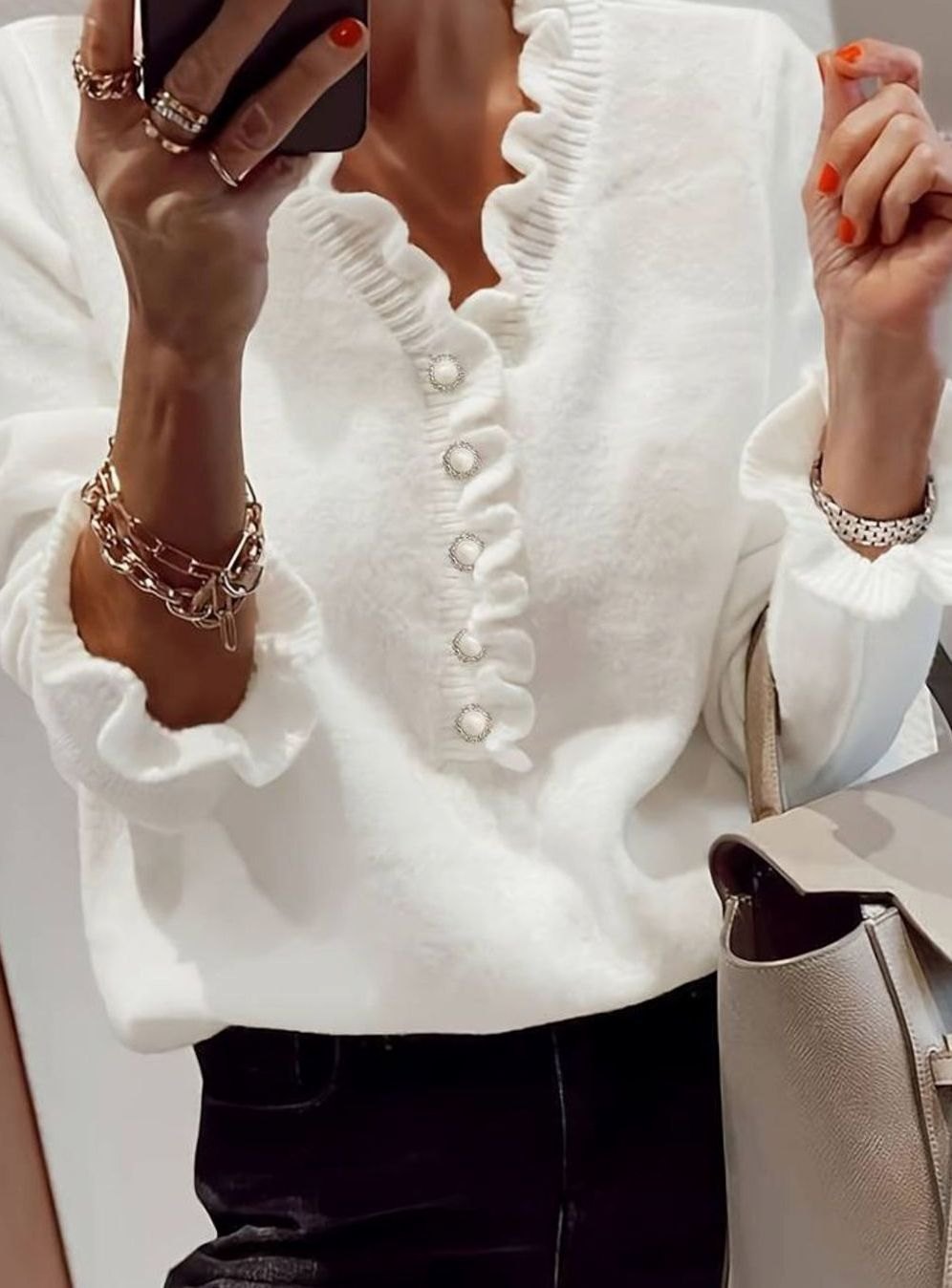 Women's Frilly Ruffle Blouse Long-Sleeve V-Neck Decorative Button Top