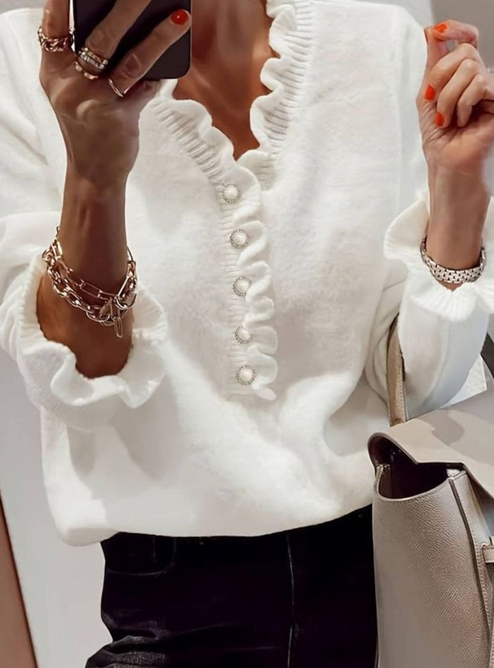 Women's Frilly Ruffle Blouse Long-Sleeve V-Neck Decorative Button Top